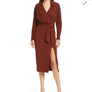 SAYLOR Nathalie Wrap Front Long Sleeve Midi Sweater Dress Sienna Brown Sz XS